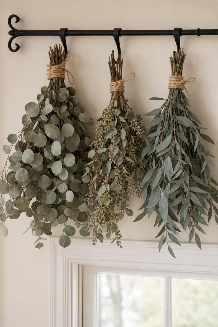 Three dried eucalyptus bundles hanging from a black wrought iron rail on a cream kitchen wall in bright morning light