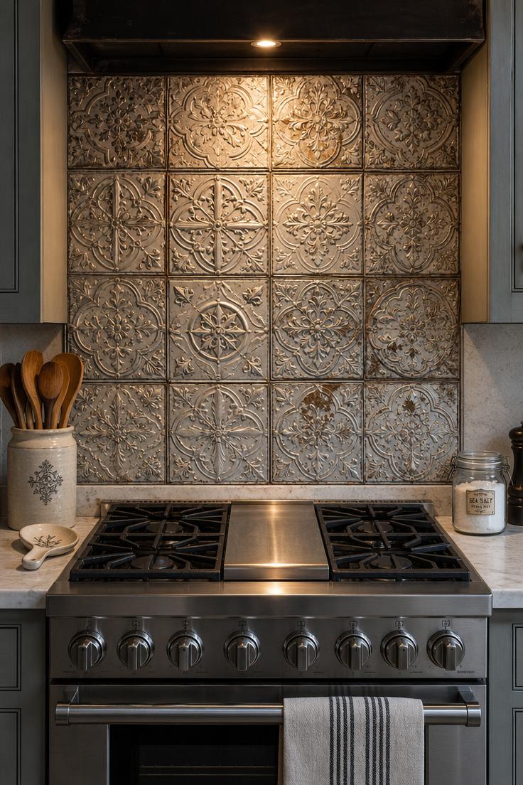 Salvaged pressed-tin ceiling tiles as a textured backsplash behind a kitchen stove with warm side lighting