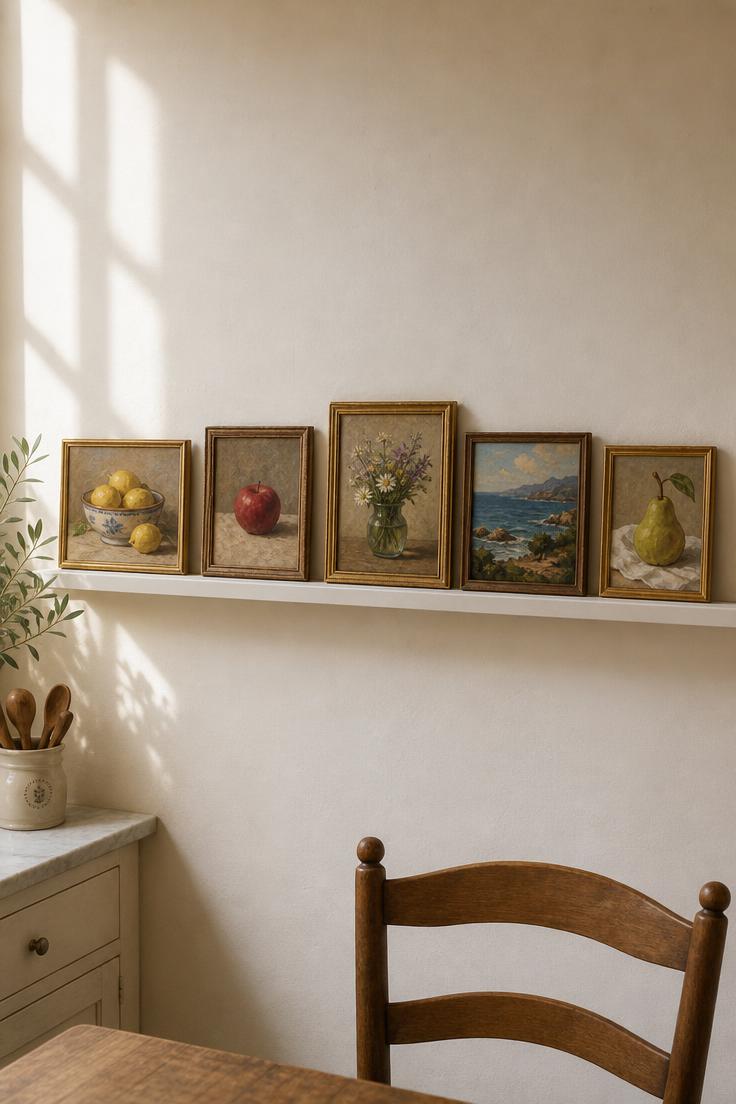 Five small oil paintings on a white plate rail shelf at eye level in a kitchen with warm afternoon sidelight