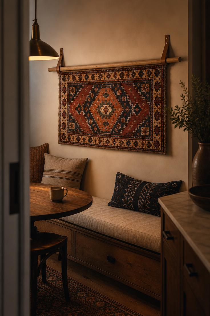Vintage Turkish kilim runner hung on a wooden dowel above a breakfast nook bench in warm low pendant light