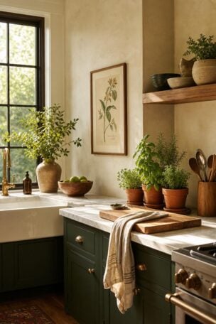 Cozy kitchen with dark green cabinets, white countertop, and sink. Potted herbs and a wooden cutting board add warmth. Sunlight streams through a large window.