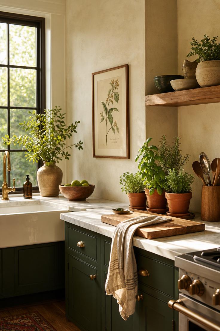 Cozy kitchen with dark green cabinets, white countertop, and sink. Potted herbs and a wooden cutting board add warmth. Sunlight streams through a large window.
