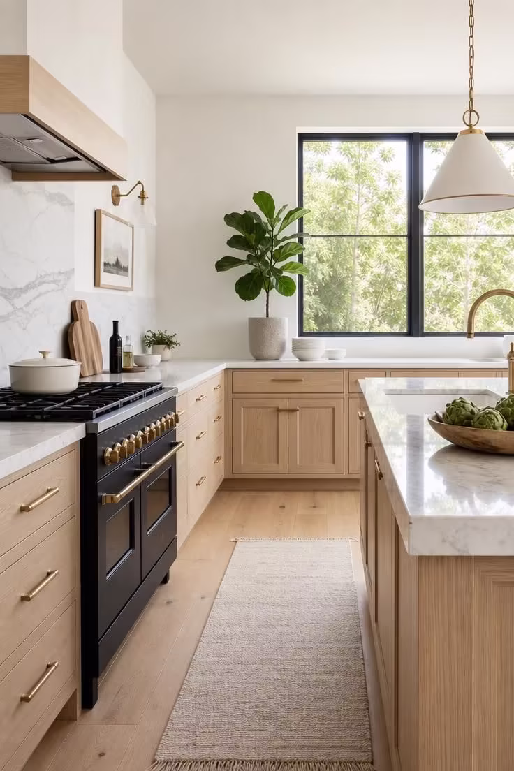 Forget the All-White Look, a Kitchen With Black Appliances Actually Feels Warmer 1 A bright midday kitchen with white oak cabinets and a matte black freestanding range as the focal point