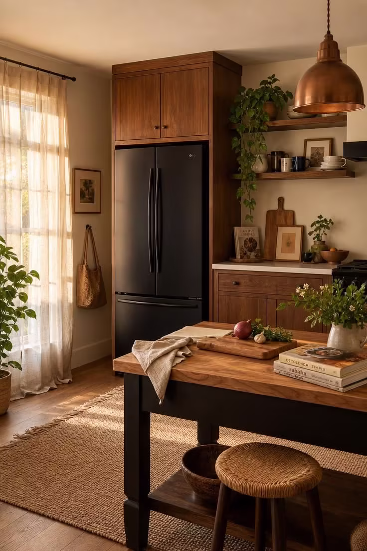 Forget the All-White Look, a Kitchen With Black Appliances Actually Feels Warmer 2 A warm golden-hour kitchen with walnut cabinets and a matte black refrigerator reflecting late afternoon light through linen curtains