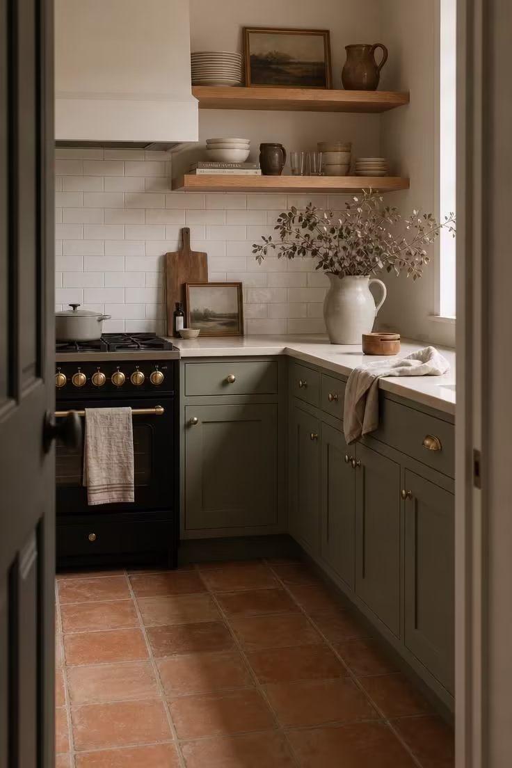 Forget the All-White Look, a Kitchen With Black Appliances Actually Feels Warmer 3 A sage green kitchen with open oak shelving and a matte black range viewed from a doorway in soft diffused morning light