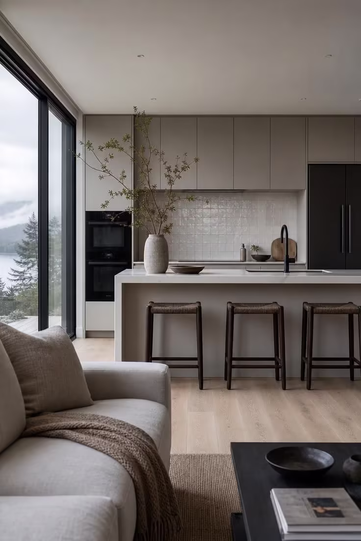 Forget the All-White Look, a Kitchen With Black Appliances Actually Feels Warmer 4 An open-concept kitchen with matte black built-in appliances and fog-toned cabinetry seen from the adjoining living room in cool overcast light