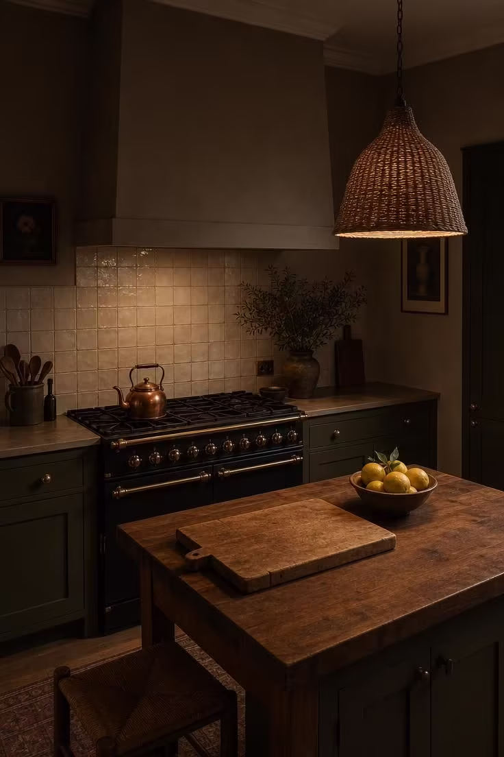 Forget the All-White Look, a Kitchen With Black Appliances Actually Feels Warmer 5 A moody kitchen with dark olive cabinetry and a matte black range under focused pendant light in low ambient conditions