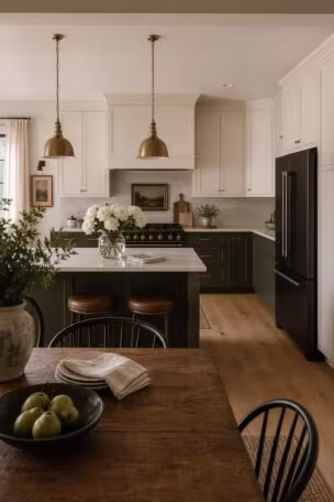 A wide view of an open kitchen with warm white upper cabinets, olive lower cabinets, and matte black appliances photographed in soft diffused afternoon light