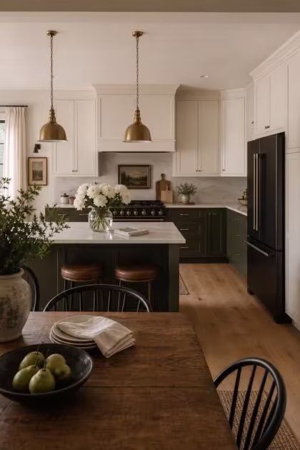 Forget the All-White Look, a Kitchen With Black Appliances Actually Feels Warmer A wide view of an open kitchen with warm white upper cabinets, olive lower cabinets, and matte black appliances photographed in soft diffused afternoon light