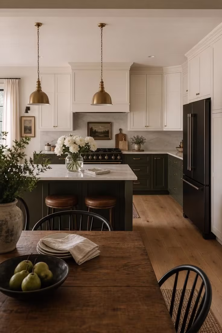 Simple Spaces 21 A wide view of an open kitchen with warm white upper cabinets, olive lower cabinets, and matte black appliances photographed in soft diffused afternoon light