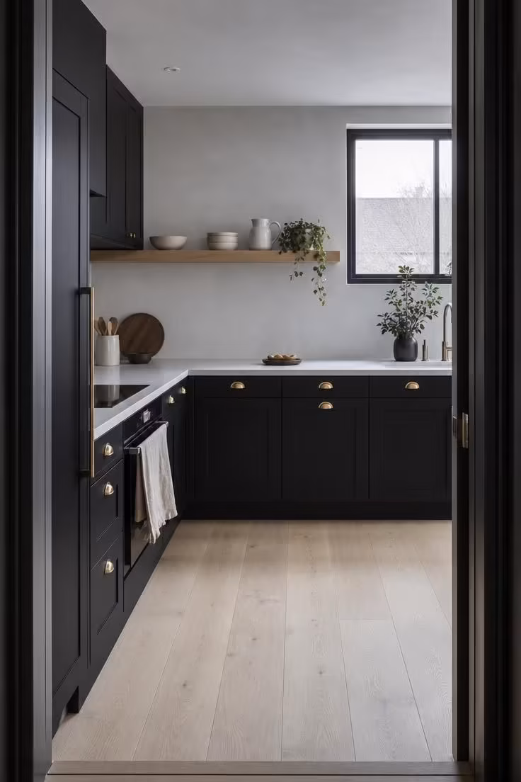 A kitchen with matte black shaker cabinets, brushed brass hardware, white quartz countertops, and a white oak floating shelf, photographed from the doorway in cool natural light.