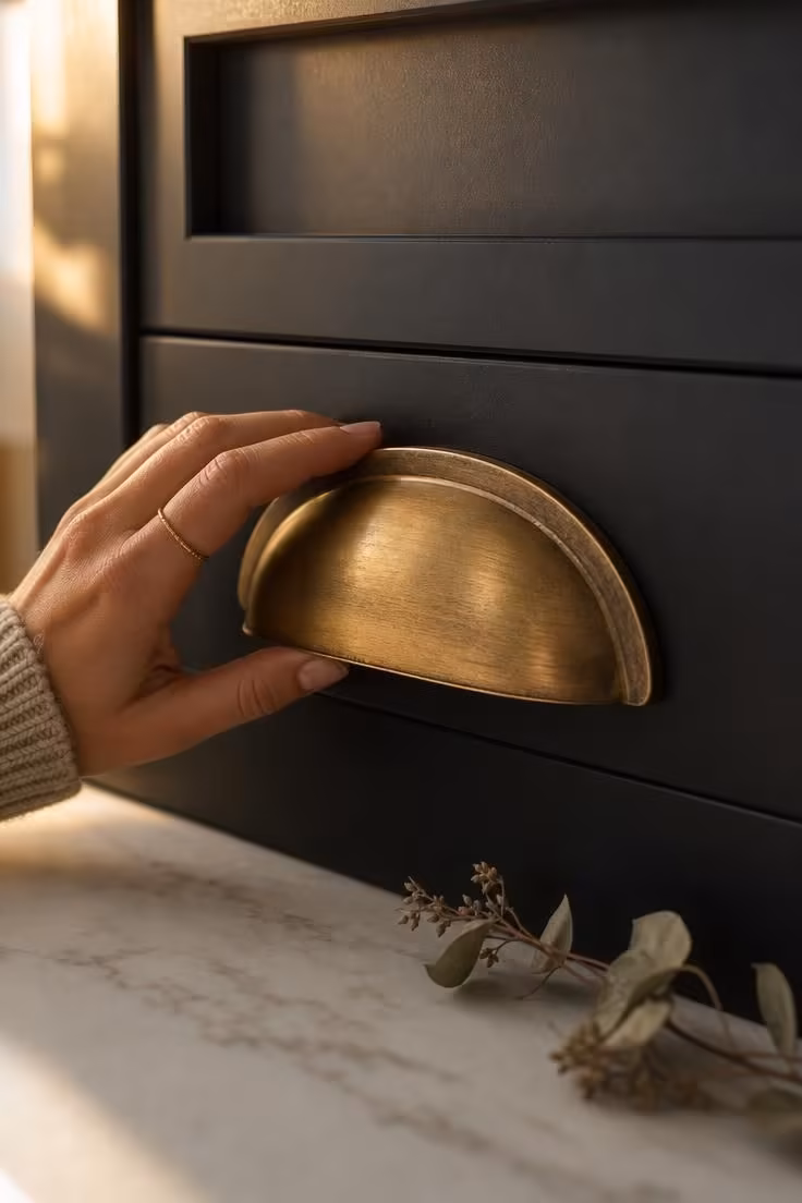 Close-up of a brushed brass cup pull on a matte black shaker cabinet door with warm afternoon light catching the hardware surface.