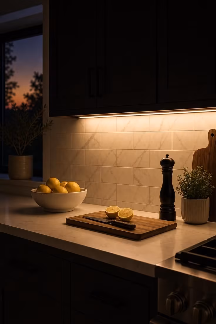 Under-cabinet LED strip lights washing warm light down a white marble backsplash in a black cabinet kitchen at dusk, with the upper cabinets receding into shadow.
