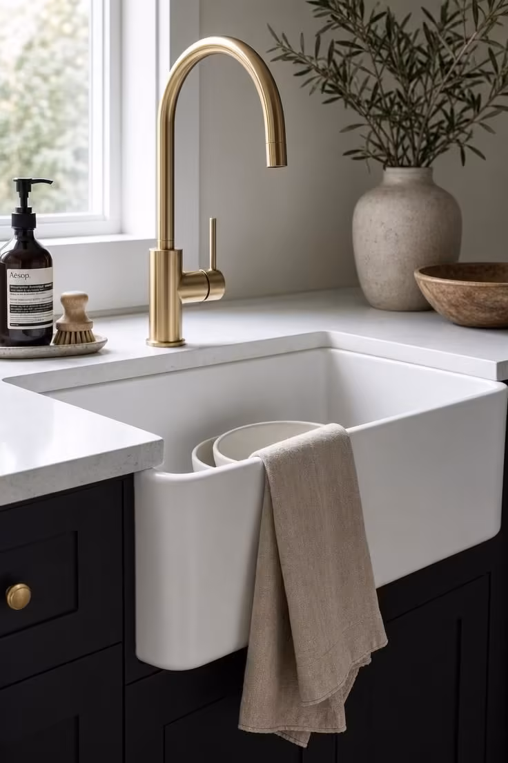 Brushed champagne gold arched faucet over a white fireclay farmhouse sink flanked by matte black shaker cabinets in cool directional window light.
