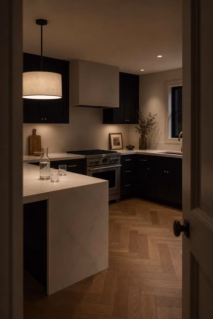 White quartz countertops with a waterfall edge on matte black base cabinets in an L-shaped kitchen layout photographed from the doorway in low pendant light.