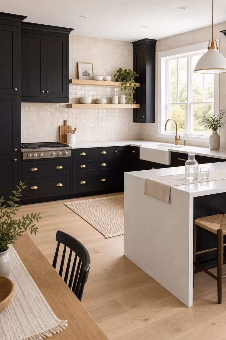 Simple Spaces 18 A complete kitchen with matte black shaker cabinets, brushed brass hardware, white quartz countertops, cream zellige backsplash, and white oak floating shelves photographed in bright midday light from an elevated angle.