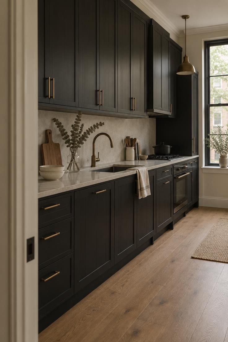 A dark-cabinet kitchen run seen from a doorway, with pale counters, warm oak flooring, brass pulls, and dried eucalyptus on the counter.