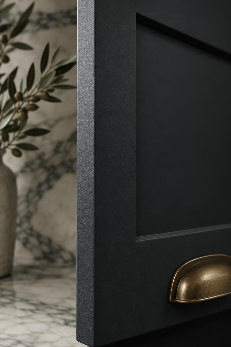 A close view of a charcoal cabinet door edge showing panel depth, matte paint texture, and a brass pull catching side light.