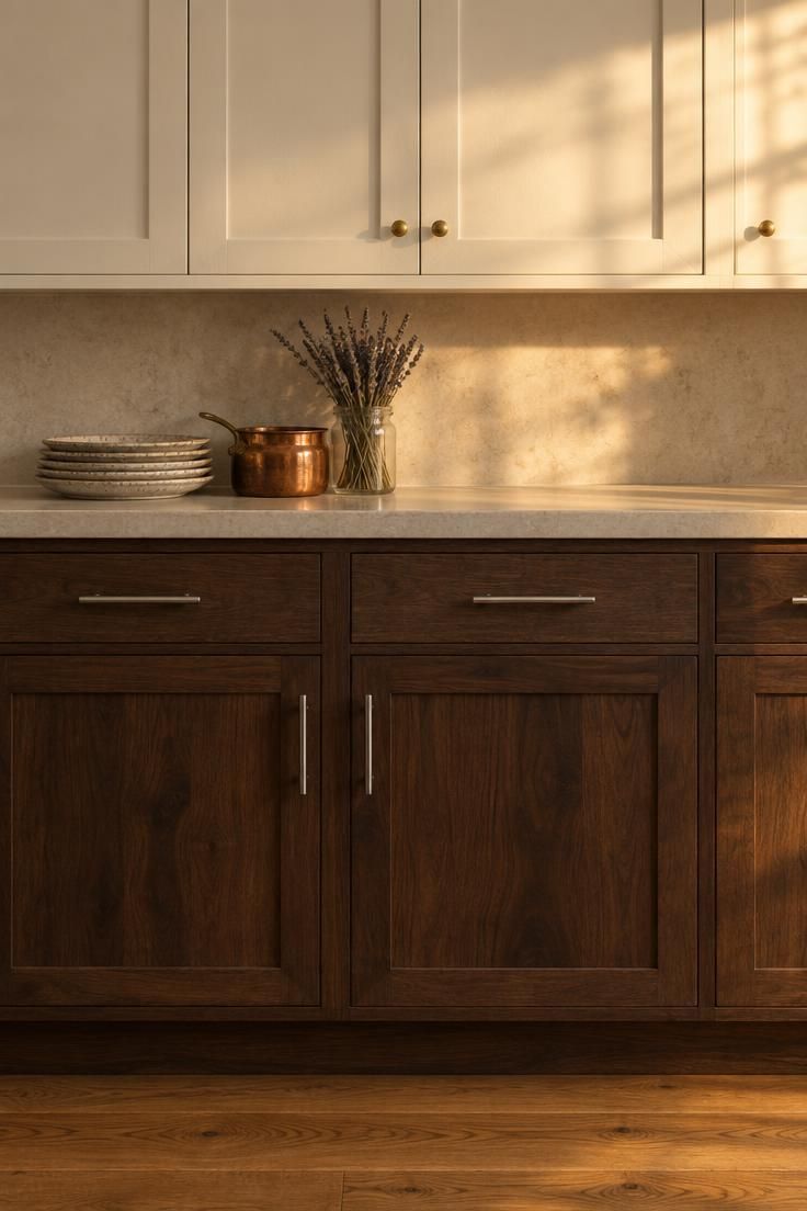 An eye-level view of a walnut lower run beneath off-white uppers, with a pale limestone counter and dried lavender in a jar.