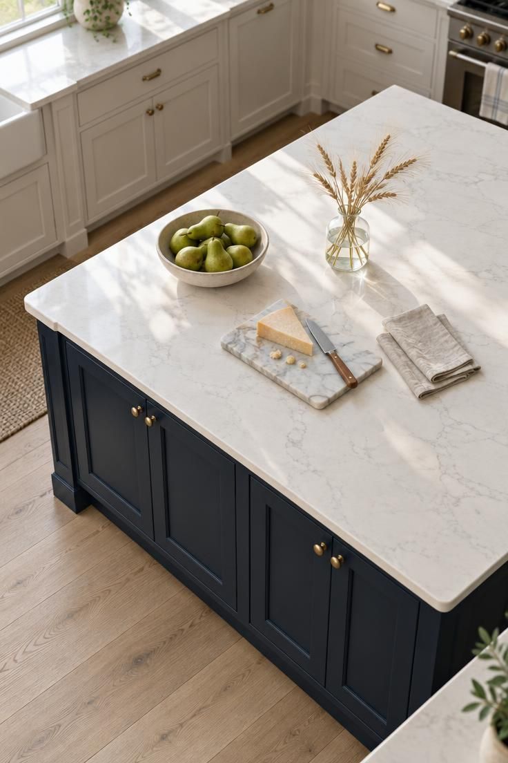 An overhead view of a navy island with brass knobs, a pale quartz top, green pears, and linen napkins under bright midday light.