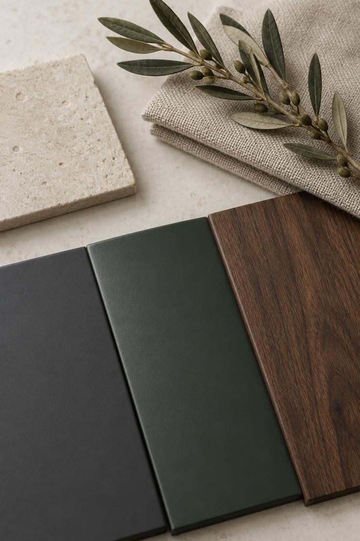 Three finish samples in matte charcoal, satin green, and walnut grain laid on a pale counter beside limestone and linen swatches.