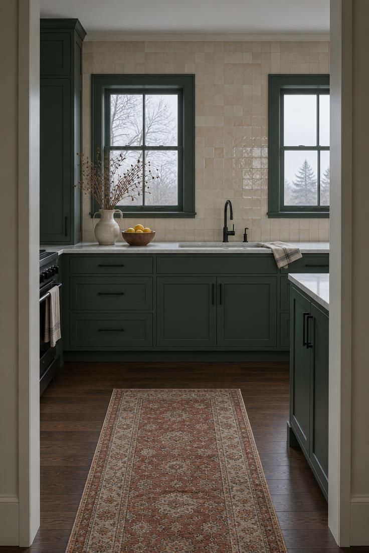 A doorway view into a forest green kitchen with pale marble counters, cream tile backsplash, and a rust runner under cool overcast light.