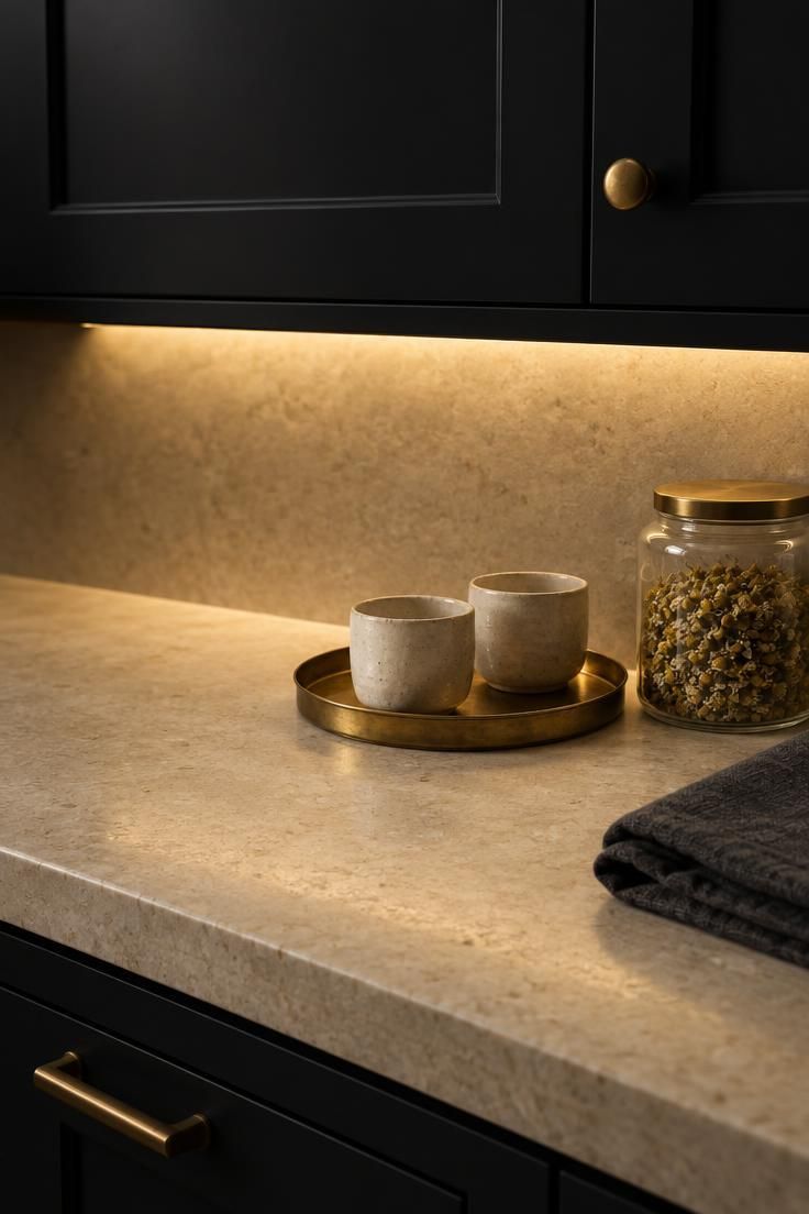 A close view of warm under-cabinet light pooling on a pale limestone counter beneath near-black upper cabinets, with cups and dried chamomile.