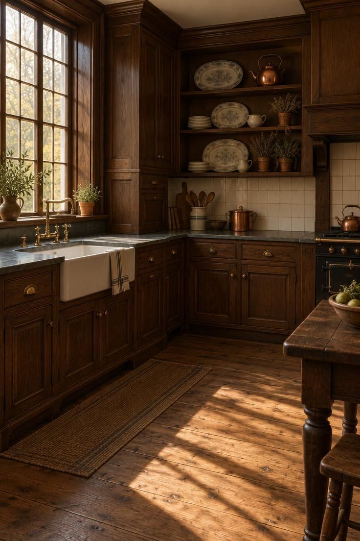 A traditional kitchen in dark oak with raised panel doors, warm window light, soapstone counters, and open shelves of ironstone and copper.