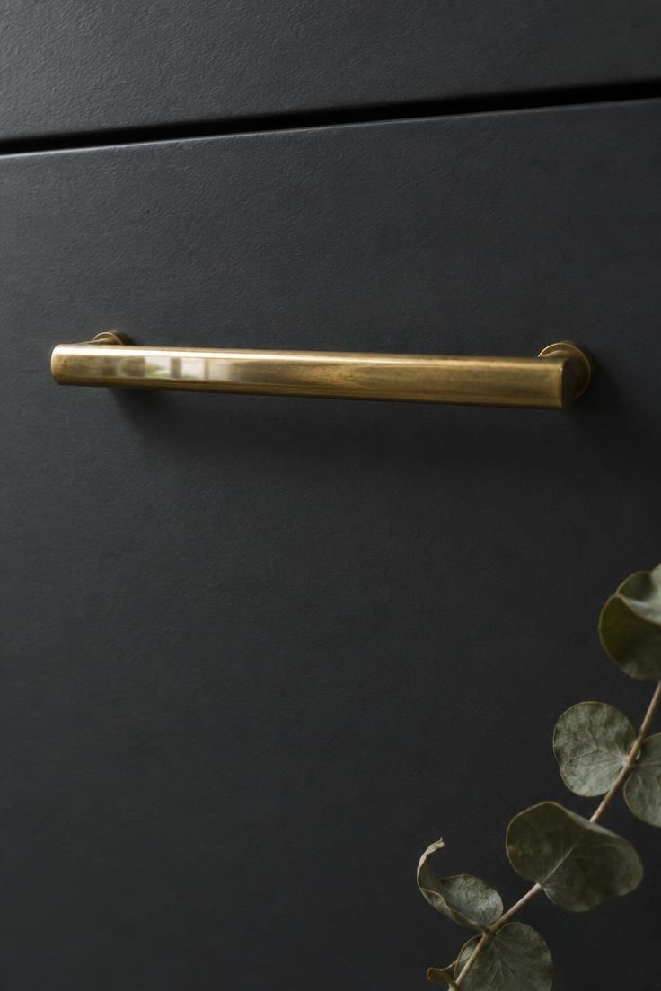 A tight close-up of a slim brass pull against a matte charcoal cabinet front, with dried eucalyptus at the edge of the frame.