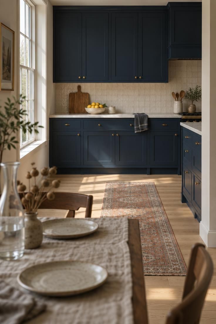 Simple Spaces 18 A navy-cabinet kitchen seen from a dining area, with pale counters, cream tile, white oak floors, and a casually set table in the foreground.