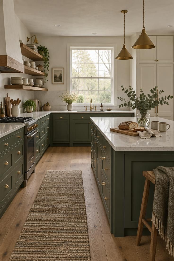 What Nobody Tells You Before Painting a Kitchen with Green Cabinets 1 Wide view of a kitchen with green lower cabinets and island, warm oak shelving, light countertops, brass hardware, and soft morning daylight.