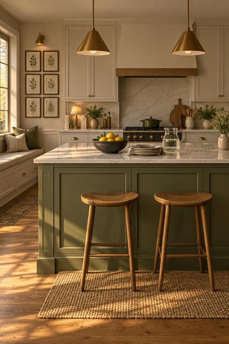 What Nobody Tells You Before Painting a Kitchen with Green Cabinets 2 Eye-level kitchen with an olive green island, neutral perimeter cabinets, warm wood flooring, brass hardware, and late afternoon light.
