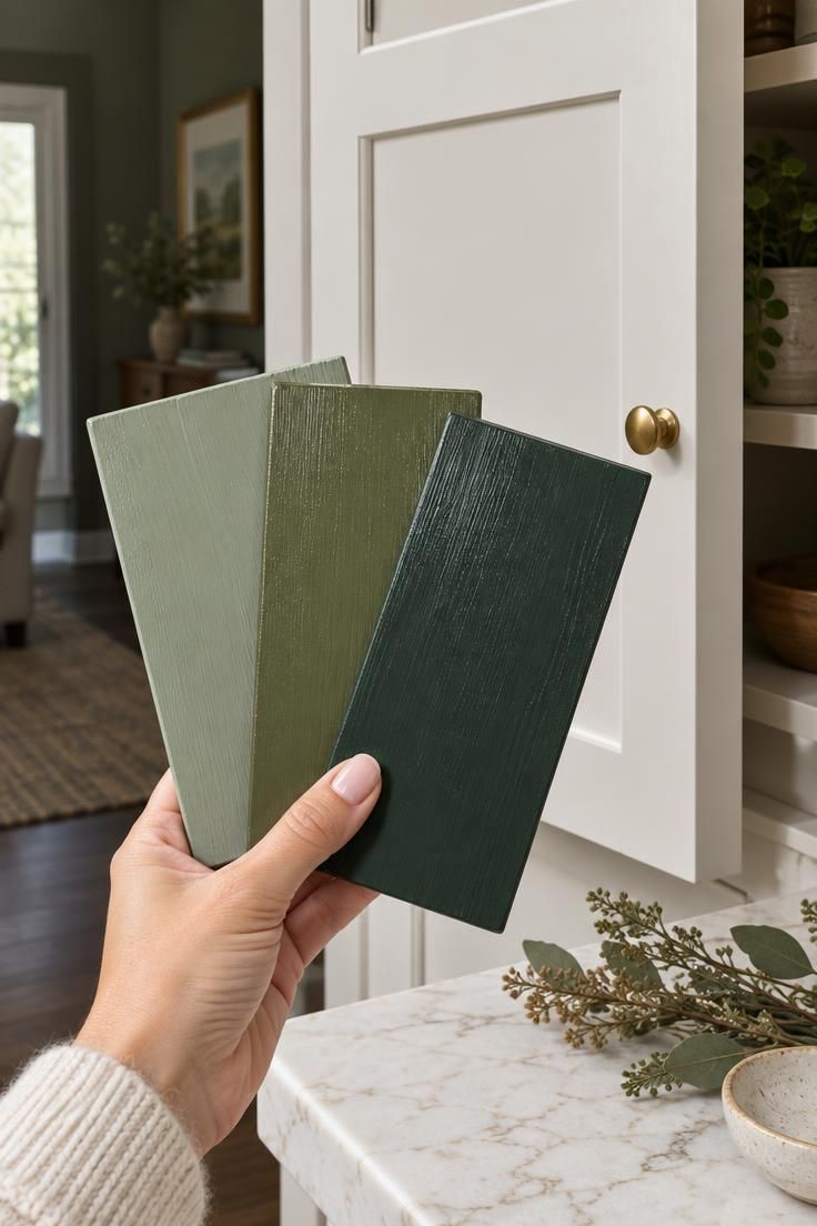 What Nobody Tells You Before Painting a Kitchen with Green Cabinets 3 Close-up of a hand holding sage, olive, and forest green paint samples beside a white cabinet door in bright midday light.