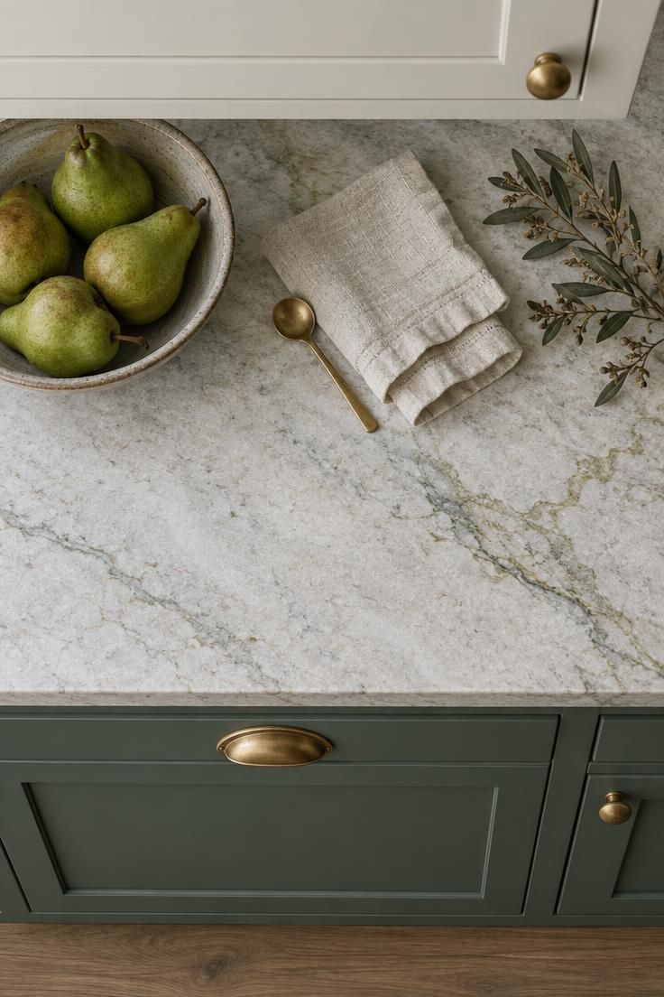 What Nobody Tells You Before Painting a Kitchen with Green Cabinets 4 Overhead view of a light quartzite countertop meeting green lower cabinets and warm white uppers, with brass hardware and olive branches.