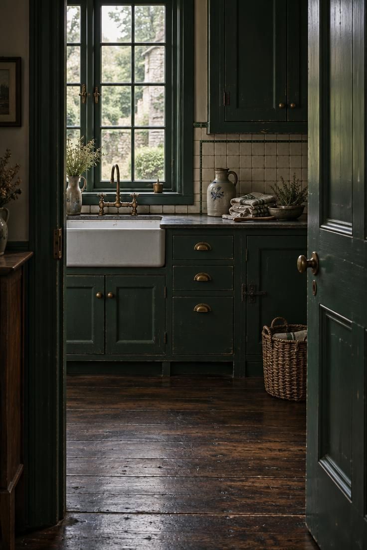 What Nobody Tells You Before Painting a Kitchen with Green Cabinets 5 Threshold view of a historic kitchen with deep forest green cabinetry, antique brass hardware, cream period tile, and moody daylight.