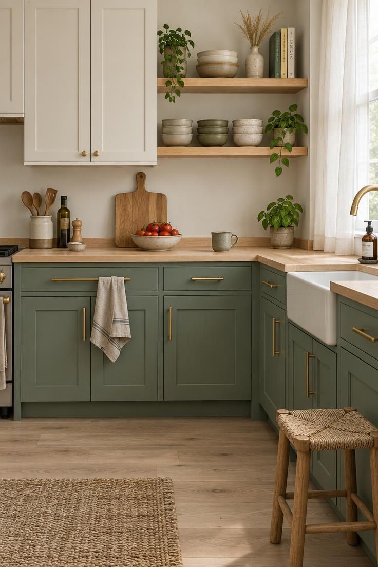 What Nobody Tells You Before Painting a Kitchen with Green Cabinets 6 Eye-level kitchen with sage green lower cabinets, warm white uppers, pale oak open shelves, butcher-block countertop, and soft daylight.