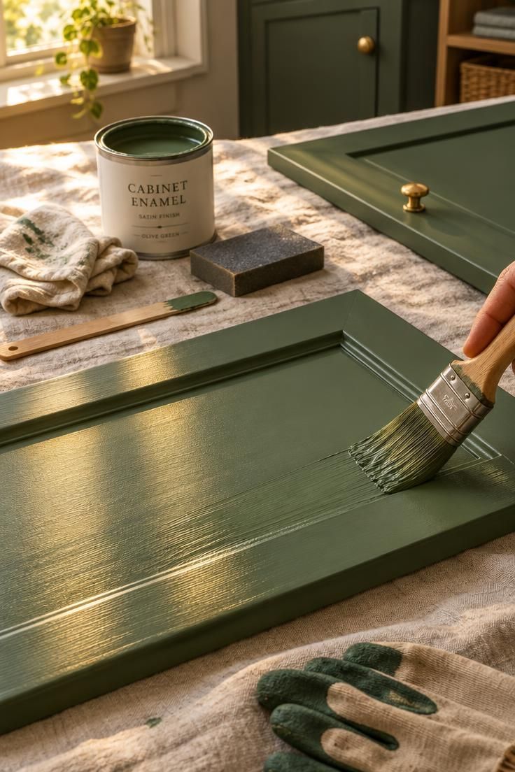What Nobody Tells You Before Painting a Kitchen with Green Cabinets 7 Close-up of a brush applying green satin enamel to a cabinet door frame, with a paint can, sanding block, and warm golden light.