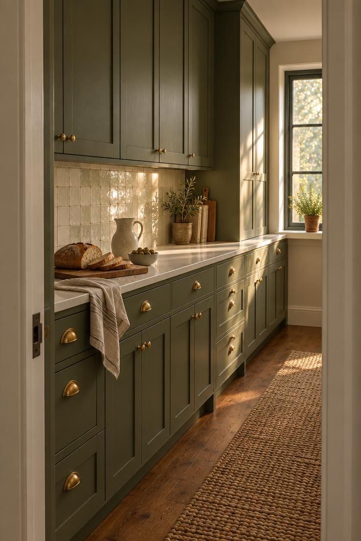 What Nobody Tells You Before Painting a Kitchen with Green Cabinets 8 Threshold view of olive green cabinets with brass hardware, cream zellige backsplash, light countertop, and warm golden light.
