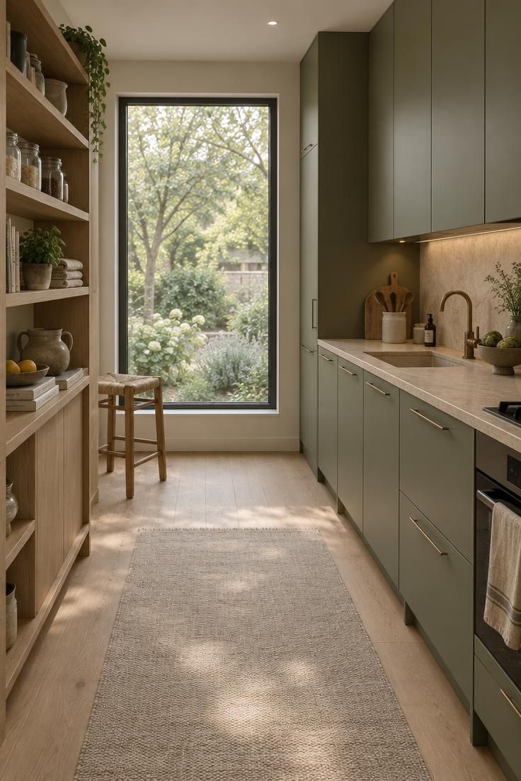 What Nobody Tells You Before Painting a Kitchen with Green Cabinets 9 Wide view of a contemporary kitchen with muted olive cabinets, white oak shelving, garden window, and soft morning light.