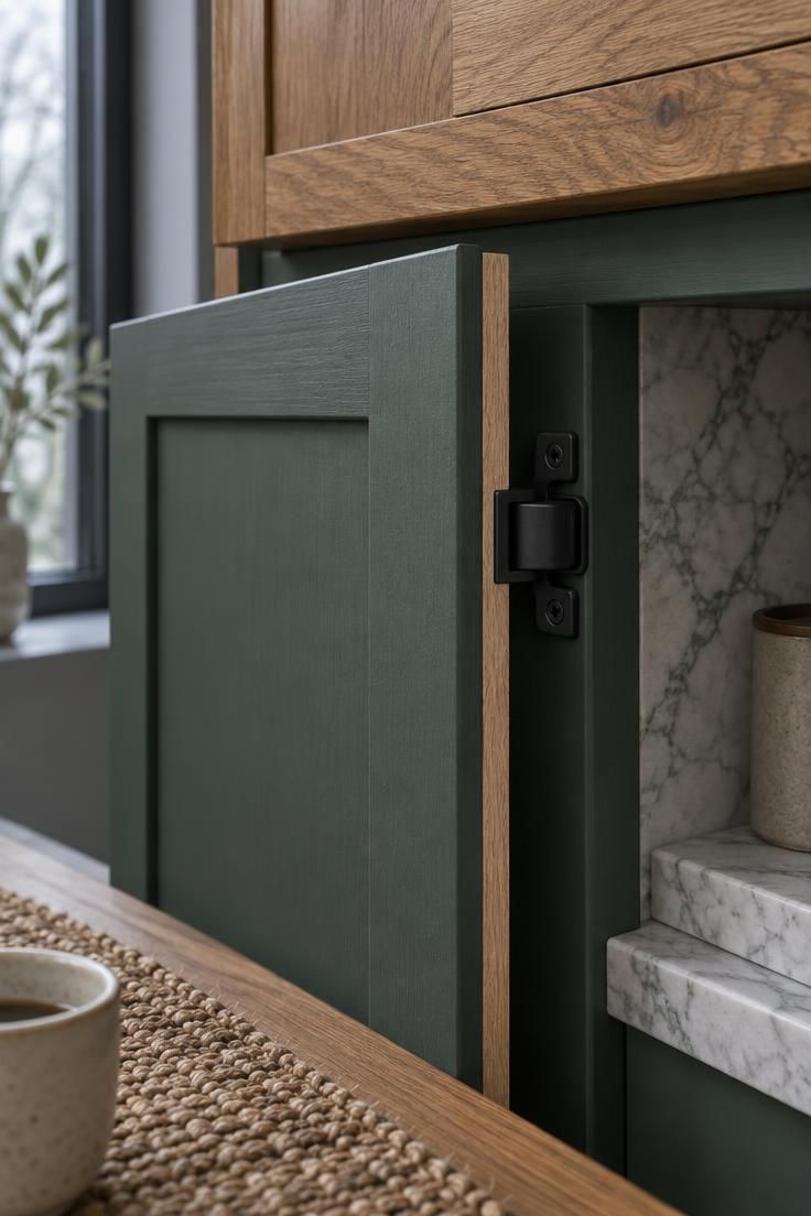 What Nobody Tells You Before Painting a Kitchen with Green Cabinets 10 Close-up of a deep green cabinet door held at an angle beneath warm oak cabinetry, with wood, stone, and matte black hinge visible.
