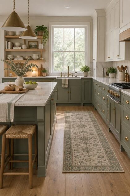 What Nobody Tells You Before Painting a Kitchen with Green Cabinets Sage green lower cabinets with warm white uppers, light quartzite counters, brass hardware, and soft daylight across a lived-in kitchen.