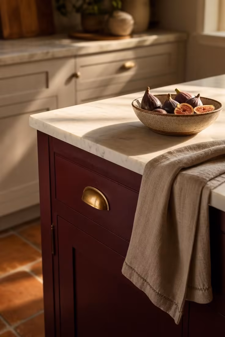 The One Color Shift That Makes a Kitchen With Red Accents Feel High-End 1 Deep merlot kitchen island with honed white marble countertop and brushed brass hardware in warm afternoon light