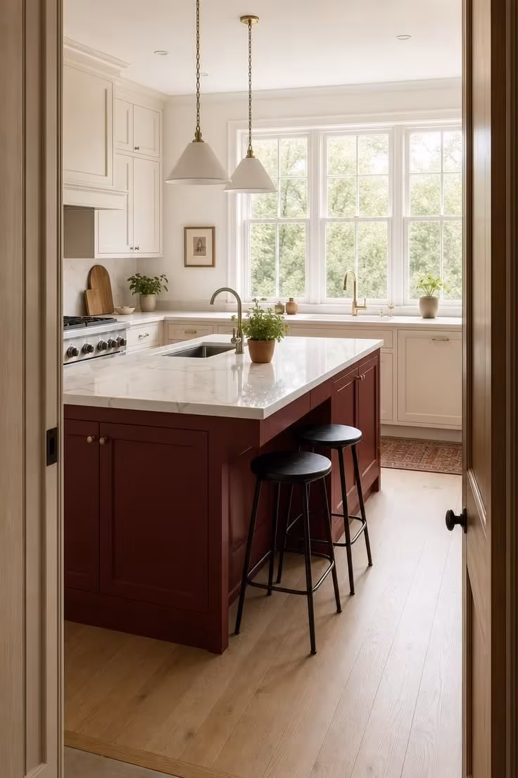 The One Color Shift That Makes a Kitchen With Red Accents Feel High-End 3 Oxblood-painted kitchen island as focal point in a bright midday-lit kitchen with pale stone cabinetry and white oak floors