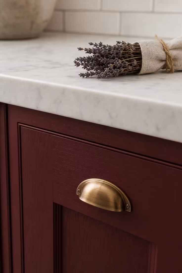 The One Color Shift That Makes a Kitchen With Red Accents Feel High-End 4 Deep burgundy cabinet meeting honed white marble countertop with brushed brass hardware in soft diffused light