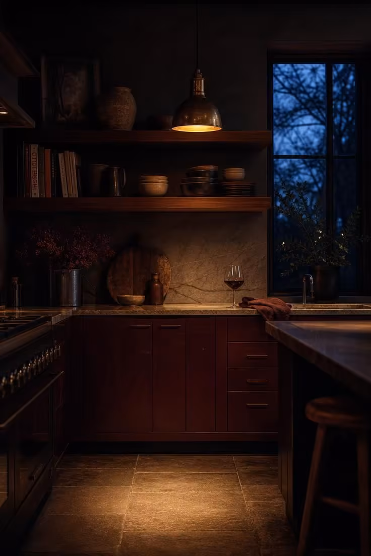 The One Color Shift That Makes a Kitchen With Red Accents Feel High-End 5 Moody evening kitchen with deep plum-red lower cabinets and aged brass pendant light casting warm amber glow