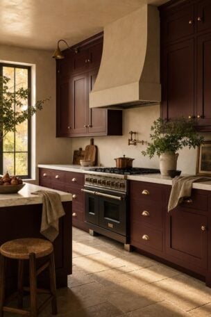 Complete kitchen with deep merlot shaker cabinets, honed white marble countertop, brushed brass hardware, and warm afternoon light