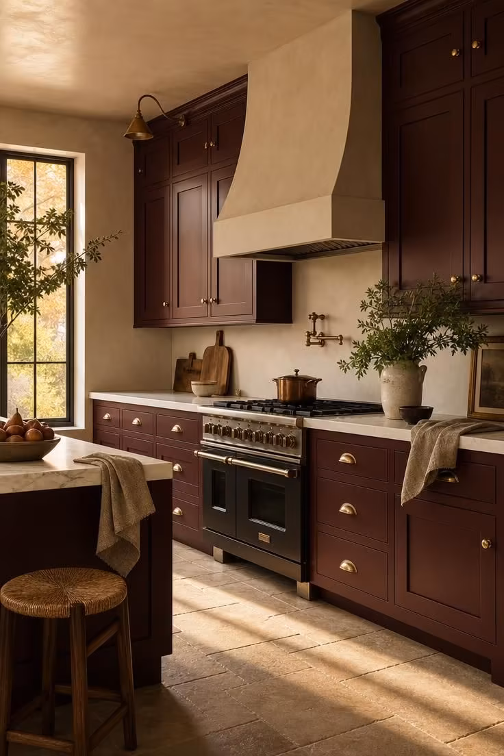 Simple Spaces 15 Complete kitchen with deep merlot shaker cabinets, honed white marble countertop, brushed brass hardware, and warm afternoon light