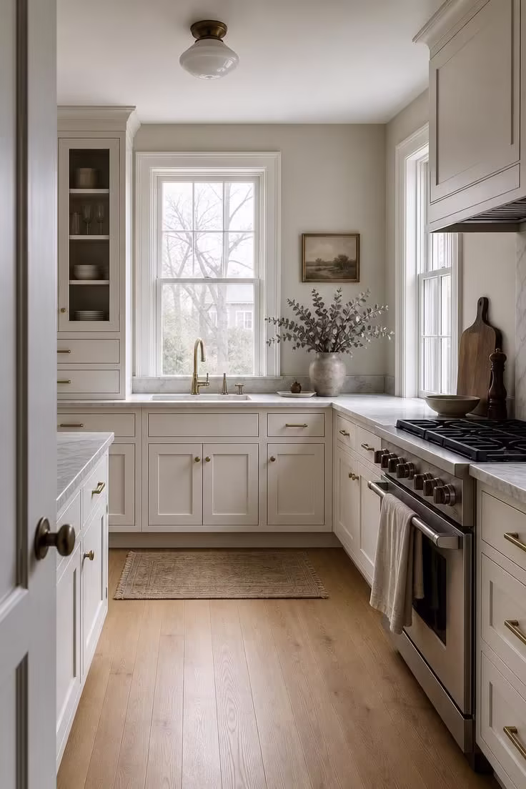 The Color Combinations That Make a Kitchen With White Cabinets Feel Expensive, Not Flat 1 A kitchen with white cabinets and pale greige walls under cool overcast light, featuring quartzite countertops and brushed brass hardware.