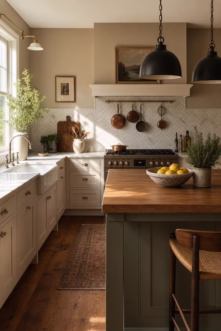 The Color Combinations That Make a Kitchen With White Cabinets Feel Expensive, Not Flat 2 A kitchen with white cabinets and warm taupe walls in afternoon light, featuring a sage island, herringbone backsplash, and walnut floors.