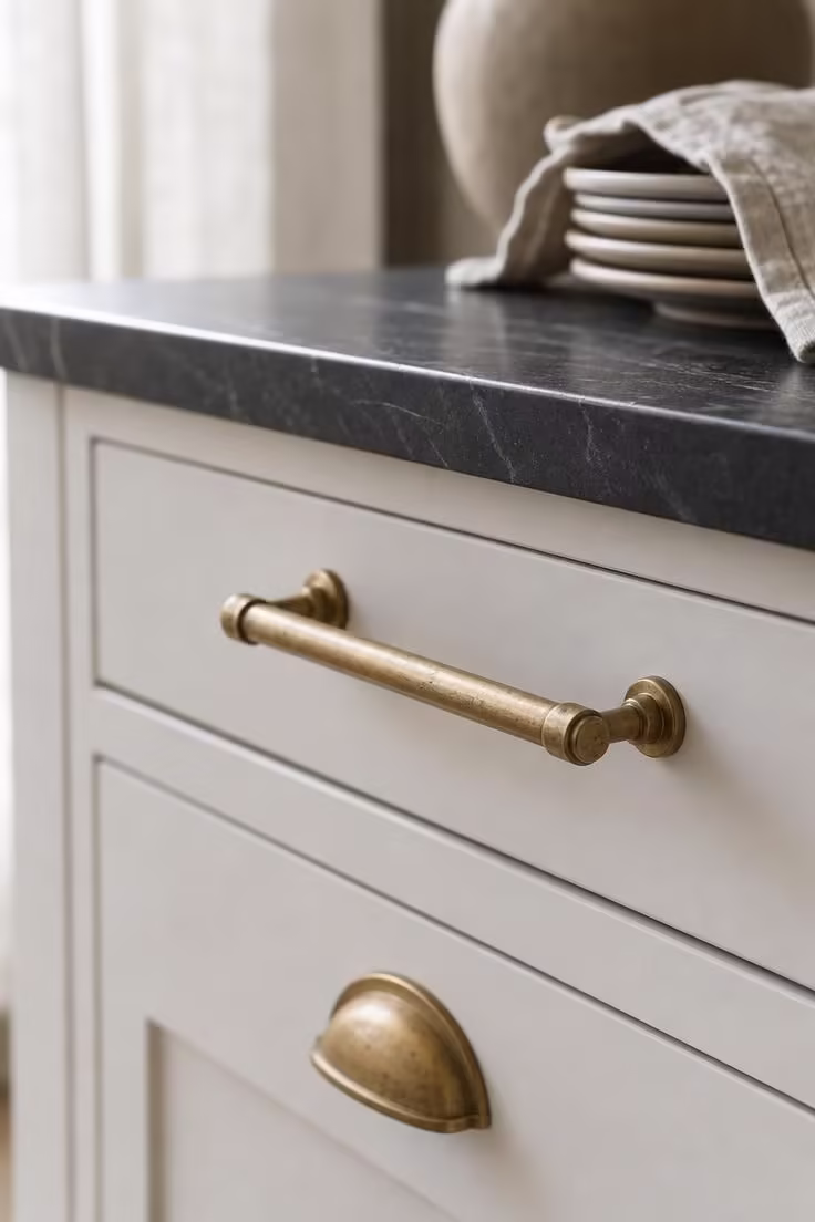 The Color Combinations That Make a Kitchen With White Cabinets Feel Expensive, Not Flat 4 Close-up of unlacquered brass drawer pulls on white shaker cabinets under soft diffused light, with dark soapstone countertop above.